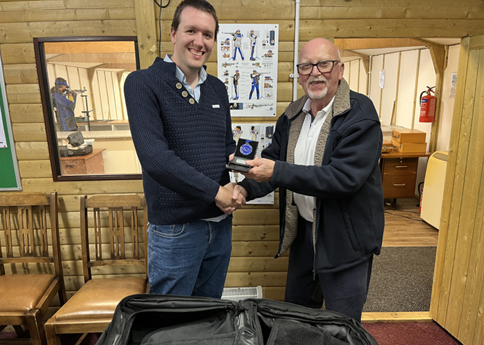 Photograph shows City of Stoke Chairman, Mike Baxter (pictured right), presenting Brendon Lewin (pictured left) with his SSRA Individual Air Pistol League - 2nd Place Medal.