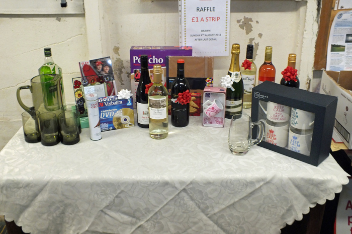 Photograph shows the raffle prizes on offer at the event.