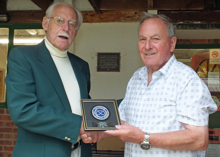 Photograph shows SSRA President - Major (Retired) Peter Martin MBE, pictured left - presenting a Special Award from the SSRA  in recognition of 22 Years Service as Staffordshire County Captain - to M.B.P. Willcox, pictured right.