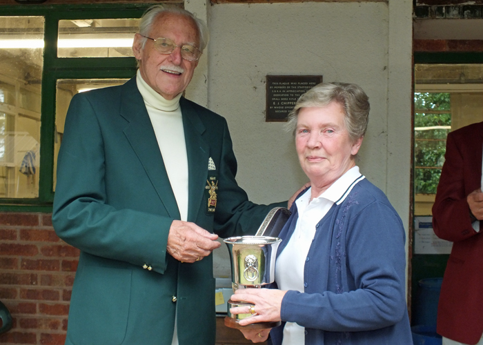 Photograph shows SSRA President - Major (Retired) Peter Martin MBE, pictured left - presenting the Whitmore Cup to Mrs. M. Bayley, pictured right.