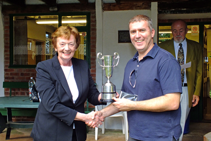Photograph shows Mary Jennings, pictured left, presenting the Moat Cup and the Staffordshire Class 'C' Aggregate 1st Place Medal to Stuart Powell, pictured right.