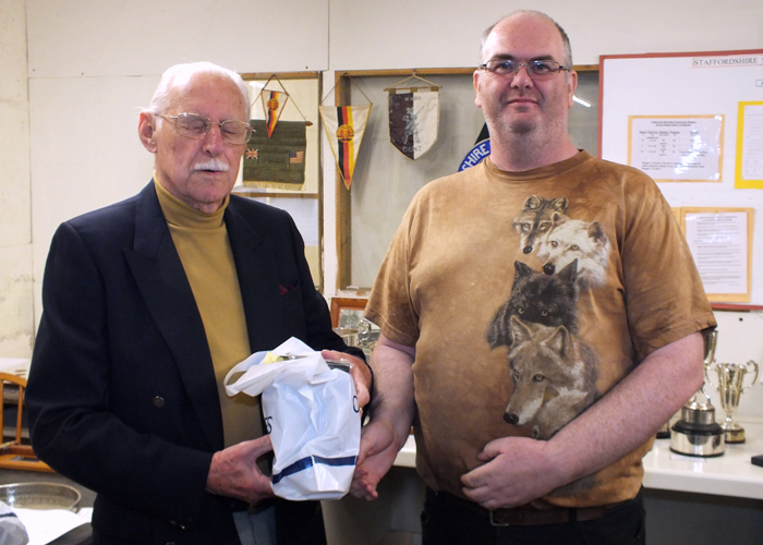 Photograph shows SSRA President - Major (Retired) Peter Martin MBE, pictured left - presenting the Staffordshire Open - Class A - 2nd Place Prize to Mark Parry, pictured right.