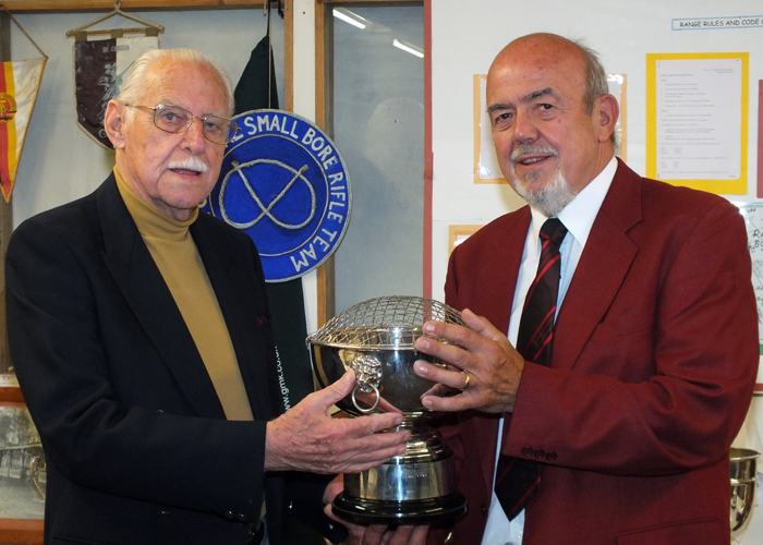 Photograph shows SSRA President - Major (Retired) Peter Martin MBE, pictured left - presenting the K. Madeley Rose Bowl to Richard Tilstone, pictured right.