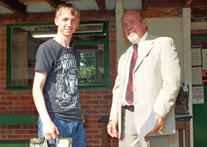Photograph shows Alan Bain (pictured left) receiving the Class 'B' 1st Place Open Prize 2019 from SSRA Chairman - Richard Tilstone (pictured right).