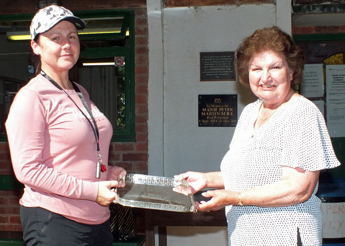 Photograph shows Mrs. Janet Troke (pictured right), presenting the James Beattie Tray to Debbie Trueman (pictured left).