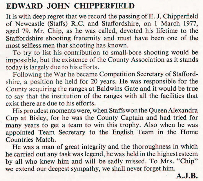 Cropped section of the Edward John Chipperfield obituary, which was published in the Rifleman Magazine, dated April 1977.