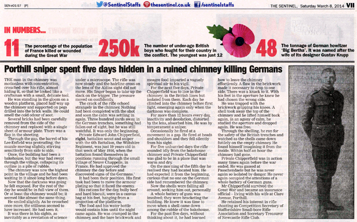 This picture shows the article published in the Sentinel Newspaper on Saturday 8th March 2014, which gives an account of the WW1 exploits of Edward John Chipperfield.  Click here to view a larger version of this picture in PDF format.  Opens in a new browser window.