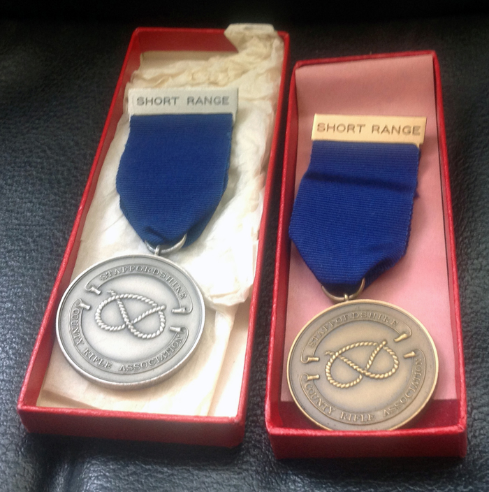 Photograph shows two Staffordshire County Rifle Association Short Range Medals, which were awarded to E.J. Chipperfield - (dates uncertain).