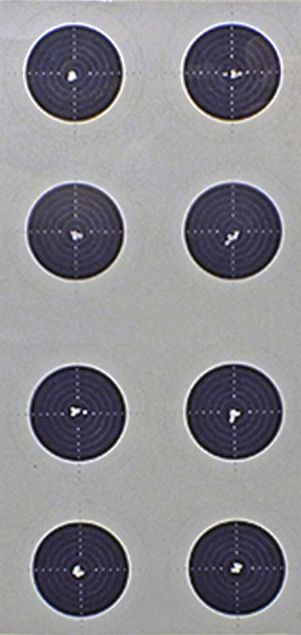 Photograph show in detail the superb accuracy of Peter's shooting on each target.