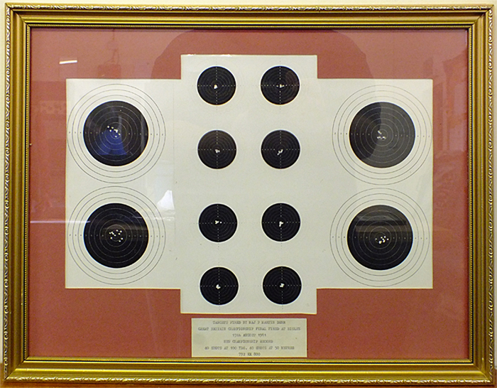Photograph shows a series of smallbore rifle targets, shot by Major Peter Martin, D.E.R.R., at the Great Britain Championships at Bisley on 15th August 1981.
