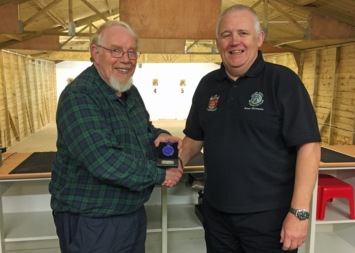 Photograph shows Bryan Hempstead (pictured left) receiving the SSRA Individual Air Pistol League - Summer 2018 - 2nd Place Medal from Alan Whitmore (pictured right).