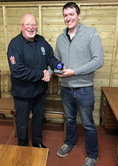 Photograph shows City of Stoke Chairman, Mike Baxter (pictured left), presenting Brendon Lewin (pictured right) with his SSRA Individual Air Pistol 'A' League - 2nd Place Medal.
