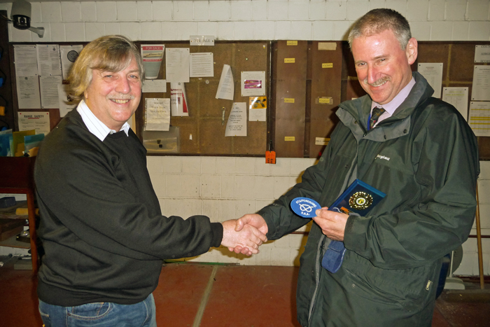 Photograph shows Martin Jupp (pictured right) receiving his Staffordshire County Badge from SSRA Airgun Secretary, Osborn Spence (pictured left) for completing his first season shooting for Staffordshire at Inter-County level.