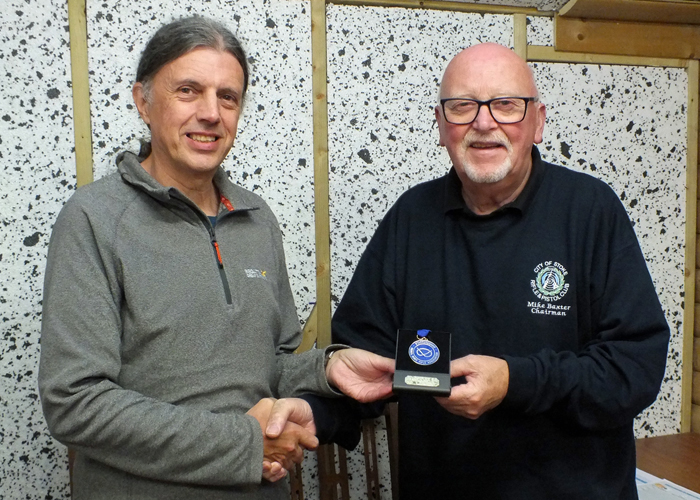 Photograph shows City of Stoke RPC Chairman - Mike Baxter (pictured right) presenting Kevin Halfpenny (pictured left) with his SSRA Individual 10 Metres Air Rifle 'A' League 1st Place Medal.