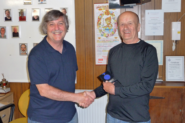 Photograph shows SSRA Airgun Secretary - Osborn Spence (pictured left) presenting Leek and District shooter Alf Whiston (pictured right) with his SSRA Individual Air Rifle 'B' League - Winter 2015/2016 - Second Place Medal.