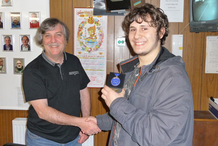 Photograph shows SSRA Airgun Secretary - Osborn Spence (pictured left) presenting Leek and District shooter Andrew Nixon (pictured right) with his SSRA Individual Air Pistol 'B' League - Winter 2015/2016 - Winner's Medal.