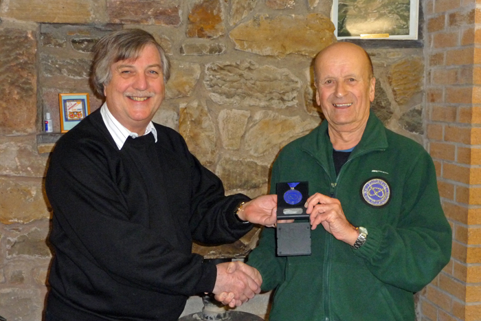 Photograph shows SSRA Airgun Secretary - Osborn Spence (pictured left) presenting Leek and District shooter Alf Whiston (pictured right) with his SSRA Individual Air Rifle 'B' League - Winter 2017/2018 - Second Place Medal.