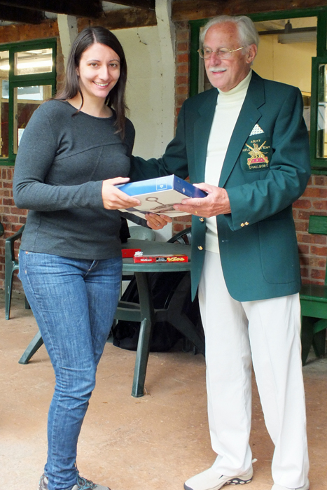 Photograph shows Miss F. Barrell (pictured left) receiving the Class 'C' Second Place Prize from SSRA President, Major (Retired) Peter Martin, MBE (pictured right).