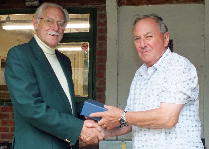 Photograph shows M.B.P.Willcox (pictured right) receiving the Class 'B' Third Place Prize from SSRA President, Major (Retired) Peter Martin, MBE (pictured left)