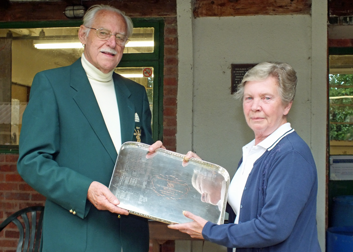 Photograph shows Mrs. M. Bayley, pictured right, receiving The James Beattie Tray for 2014 from SSRA President - Major (Retired) Peter Martin, MBE.