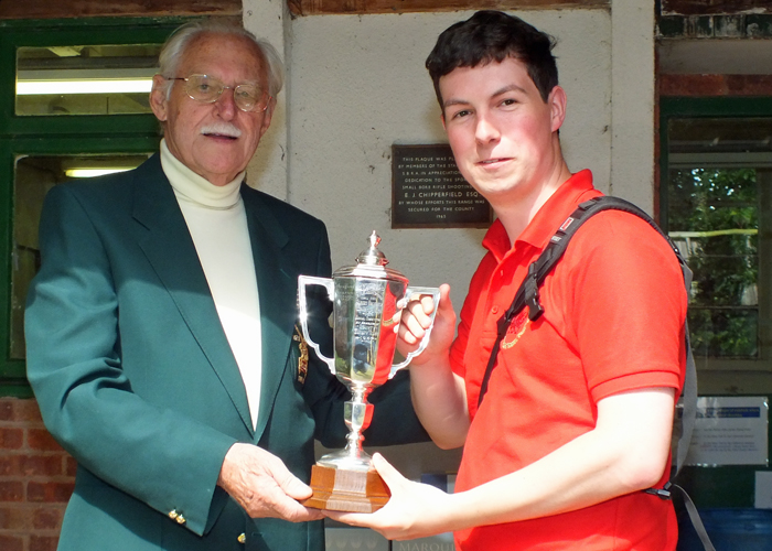 Photograph shows R. Hemmingway, pictured right, receiving The Albert Greatrex Cup for 2014 from SSRA President - Major (Retired) Peter Martin, MBE.
