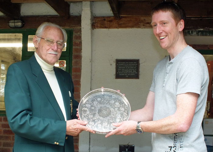 Photograph shows S. Green, pictured right, receiving The 'Come-Day-Go-Day Salver' for 2014 from SSRA President - Major (Retired) Peter Martin, MBE.  This is awarded to The Overall Winner of the Staffordshire Combined Rifle Meeting.