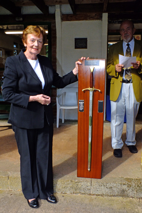Photograph shows Mary Jennings, pictured left, displaying the Wilkinson Sword, which was awarded to Robert Knott, SSRA Vice-President.