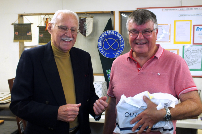 Photograph shows SSRA President - Major (Retired) Peter Martin MBE, pictured left - presenting the Staffordshire Open - Class B - 2nd Place Prize to Mike Doble, pictured right.