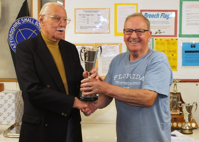 Photograph shows SSRA President - Major (Retired) Peter Martin MBE, pictured left - presenting the Moat Cup to Mike Willcox, pictured right.