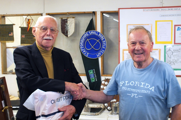 Photograph shows SSRA President - Major (Retired) Peter Martin MBE, pictured left - presenting the Staffordshire Open - Class C - 1st Place Prize to Mike Willcox, pictured right.