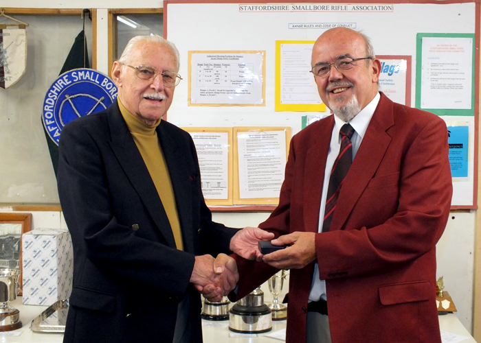 Photograph shows SSRA President - Major (Retired) Peter Martin MBE, pictured left - presenting the NSRA County Silver Medal to Richard Tilstone, pictured right.