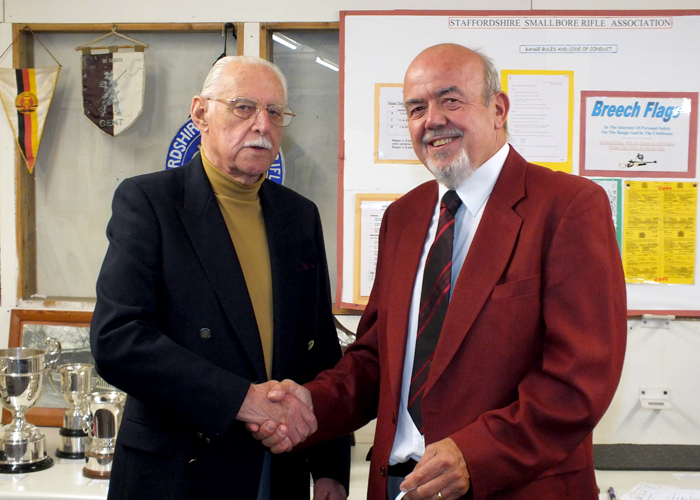 Photograph shows SSRA President - Major (Retired) Peter Martin MBE, pictured left - congratulating Richard Tilstone, pictured right, on winning the Stafford Plaque.