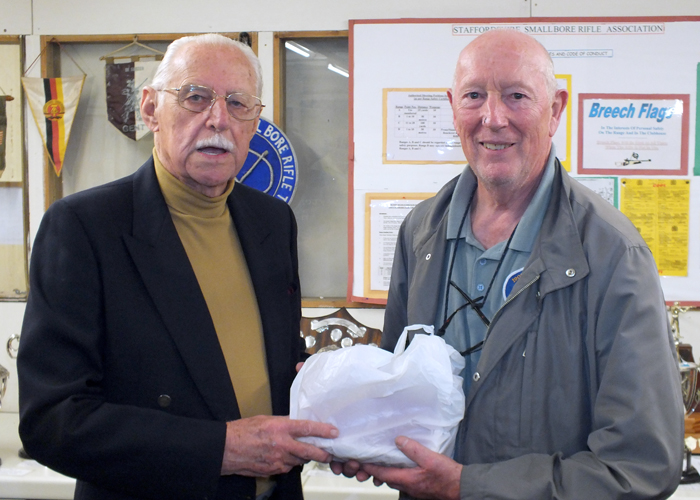 Photograph shows SSRA President - Major (Retired) Peter Martin MBE, pictured left - presenting the Staffordshire Open - Class D - 2nd Place Prize to Roy Green, pictured right.