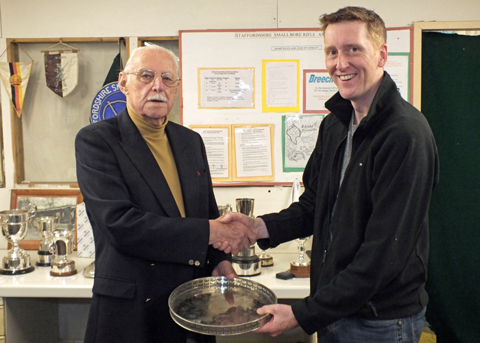 Photograph shows SSRA President - Major (Retired) Peter Martin MBE, pictured left - presenting the 'Come Day - Go Day' Salver to Simon Green, pictured right.