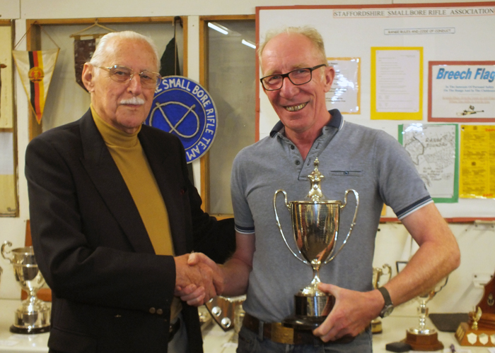 Photograph shows SSRA President - Major (Retired) Peter Martin MBE, pictured left - presenting the Michelin Cup to Steve Rowe, pictured right.