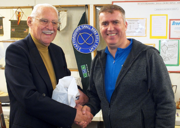 Photograph shows SSRA President - Major (Retired) Peter Martin MBE, pictured left - presenting the Staffordshire Open - Class B - 3rd Place Prize to Stuart Powell, pictured right.