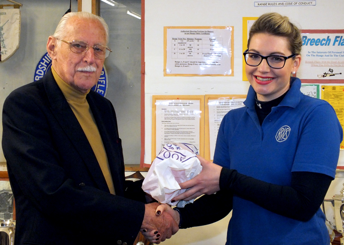 Photograph shows SSRA President - Major (Retired) Peter Martin MBE, pictured left - presenting the Staffordshire Open - Top Lady Prize to Zara Roberts, pictured right.