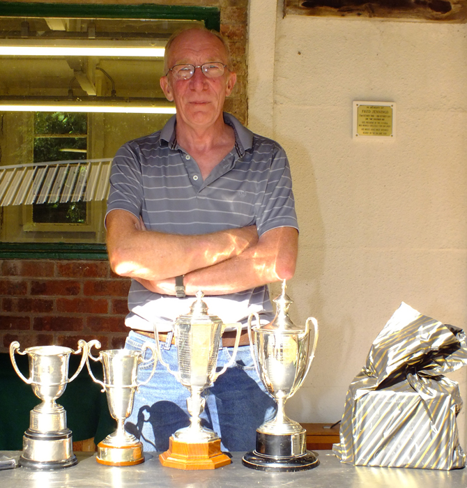Photograph shows Steve Rowe proudly displaying his impressive collection of Staffordshire Confined Trophies won at the SSRA Combined Open Squadded Rifle Meeting 2018.