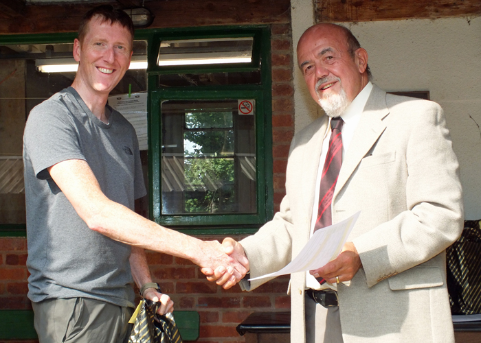 Photograph shows Simon Green (pictured left) receiving the Class 'A' 1st Place Open Prize 2019 from SSRA Chairman - Richard Tilstone (pictured right).