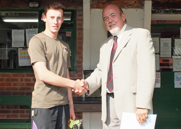 Photograph shows Matthew Manton (pictured left) receiving the Class 'B' 3rd Place Open Prize 2019 from SSRA Chairman - Richard Tilstone (pictured right).