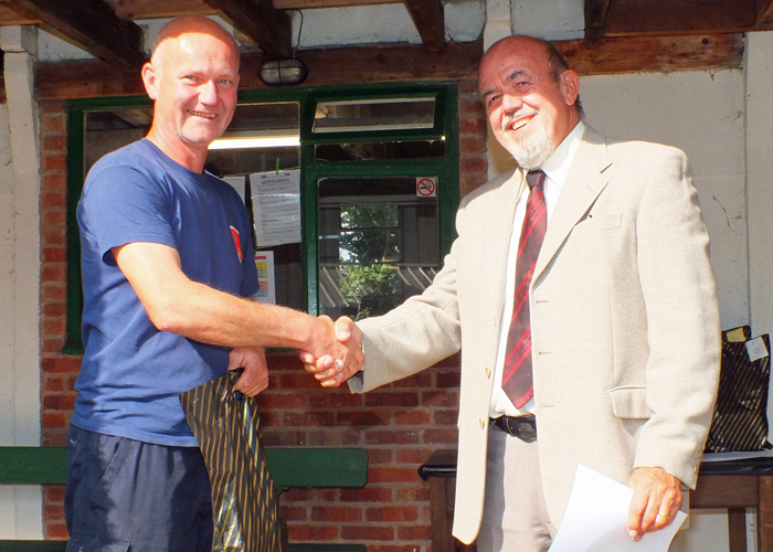 Photograph shows Paul Watkiss (pictured left) receiving the Class 'C' 3rd Place Open Prize 2019 from SSRA Chairman - Richard Tilstone (pictured right).