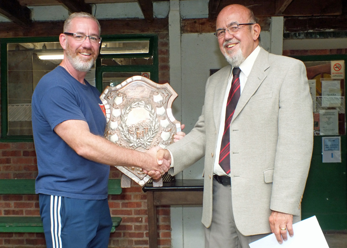 Photograph shows SSRA Chairman - Richard Tilstone (pictured right), presenting the Association Shield to Martyn Buttery representing Rugeley Rifle Club (pictured left).