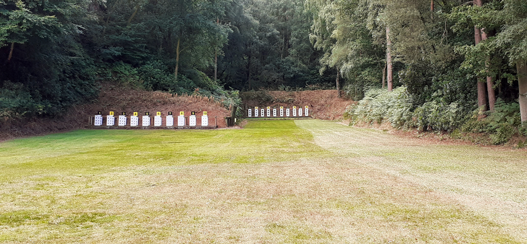 Photograph shows the 50 Metres and 100 Yards outdoor ranges at the Chipperfield Ranges, Baldwins Gate.