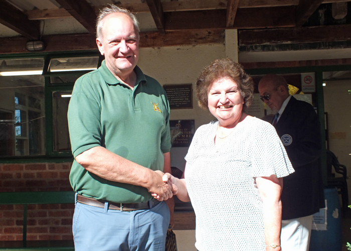 Photograph shows Bob Heath (pictured left) receiving the Staffordshire Open Prize - Class B - 3rd Place Award from Mrs. Janet Troke (pictured right).