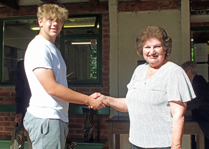 Photograph shows George Robinson (pictured left) receiving the Staffordshire Open Prize - Class D - 2nd Place Award from Mrs. Janet Troke (pictured right).