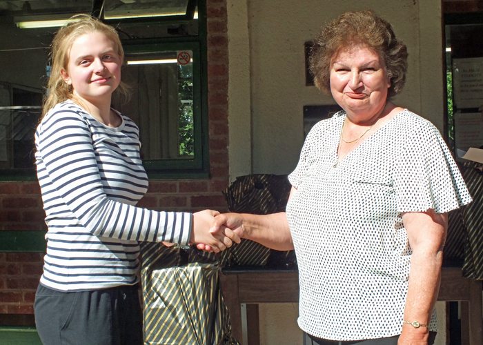 Photograph shows Helen Robinson (pictured left) receiving the Staffordshire Open Prize - Class C - 1st Place Award from Mrs. Janet Troke (pictured right).
