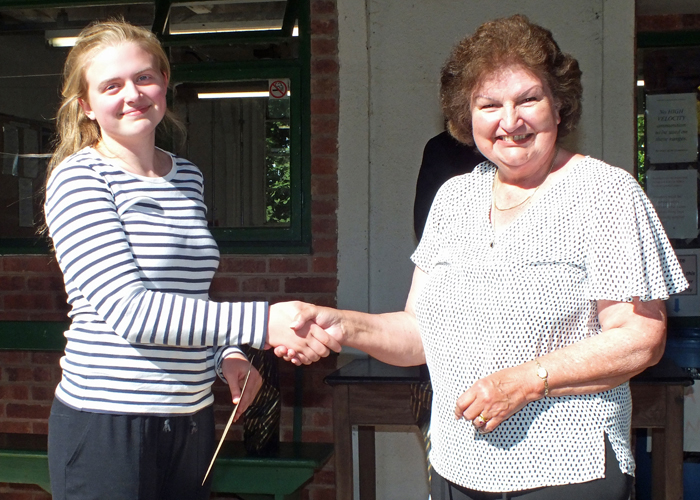 Photograph shows Helen Robinson (pictured left) receiving the Staffordshire Open Prize - Top Junior Award from Mrs. Janet Troke (pictured right).
