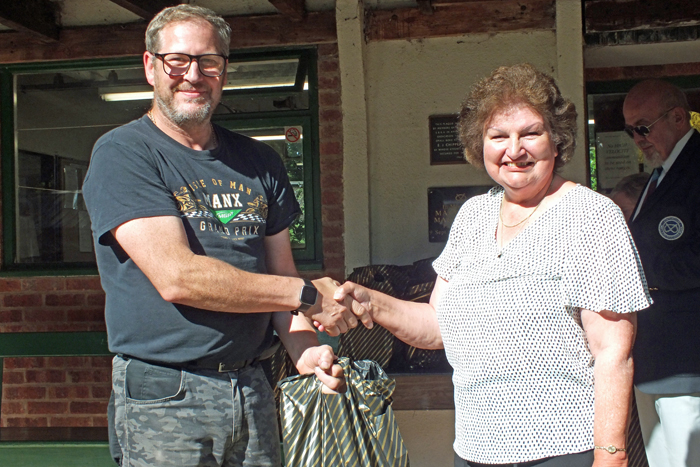 Photograph shows Paul Baron (pictured left) receiving the Staffordshire Open Prize - Class B - 1st Place Award from Mrs. Janet Troke (pictured right).