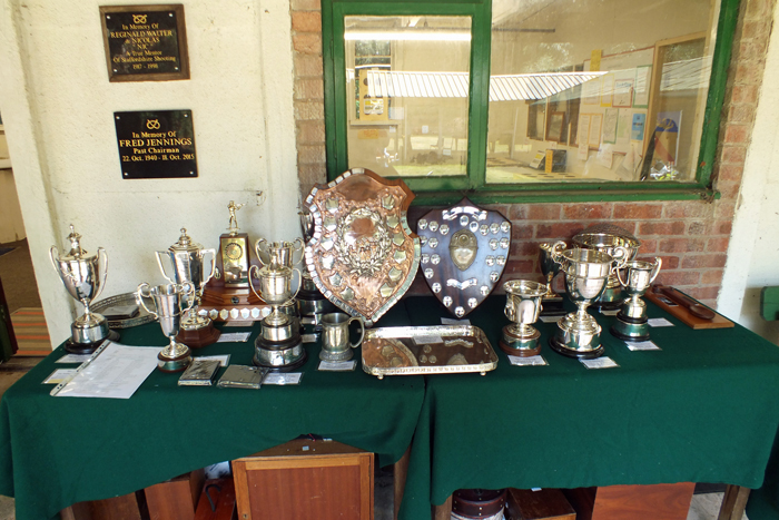 Photograph shows the splendid array of gleaming SSRA Trophies which are keenly competed for each year.