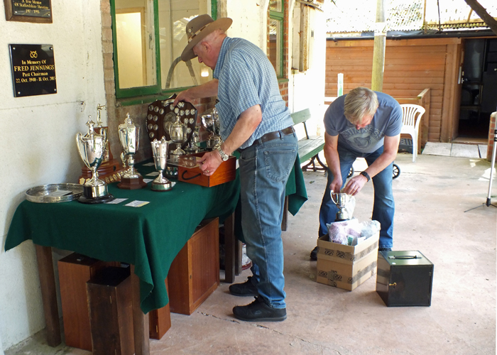 Photograph shows SSRA Trophies Secretary Dave Bayley (pictured left) and SSRA Secretary Alan Boyles (pictured right) busily setting up the trophies ready for the presentations.